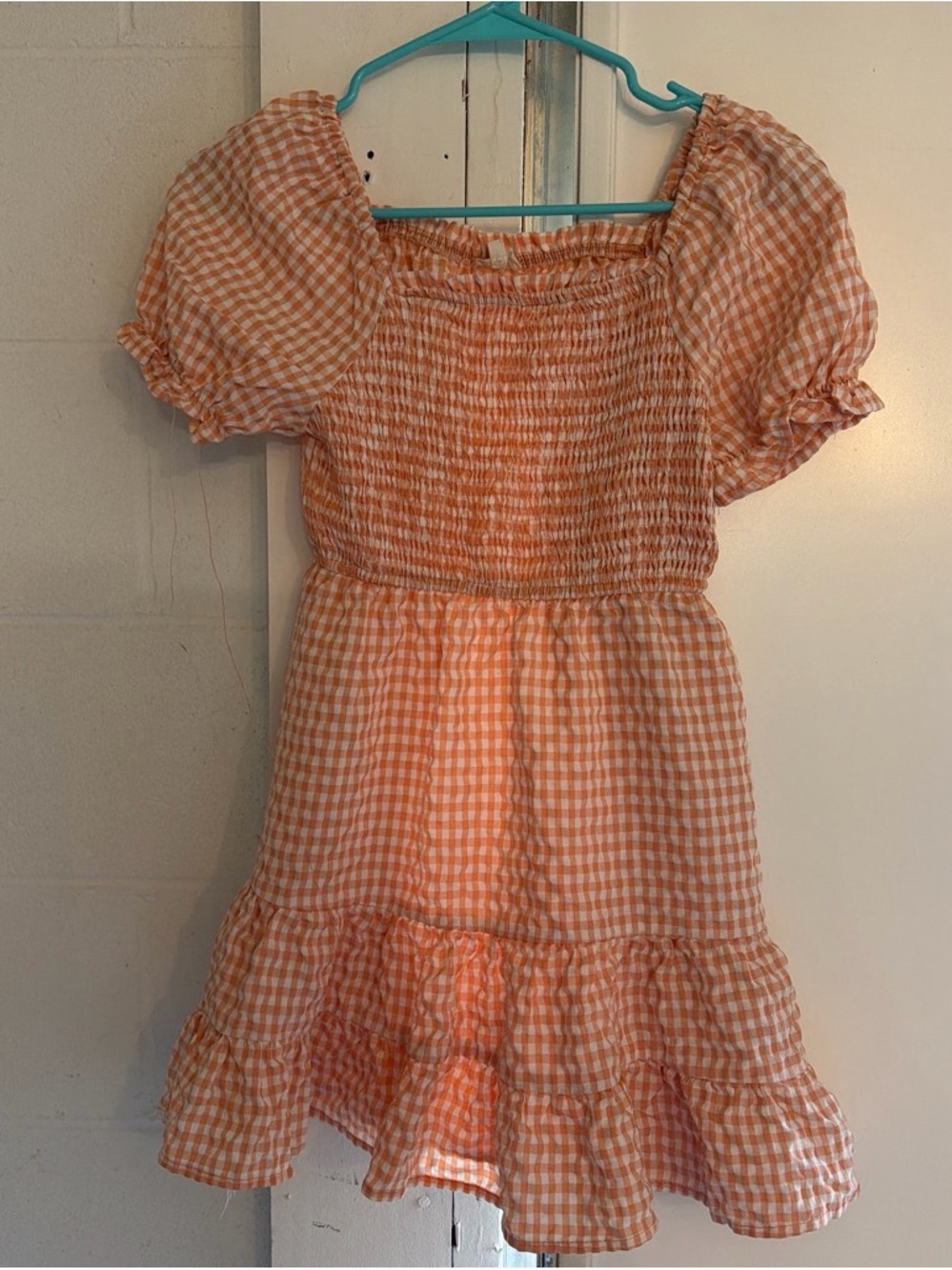 Hayden Girls Orange Gingham Smocked Puff Sleeve Dress